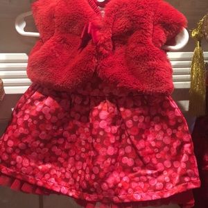 Red 0-3month dress with fur vest and diaper cover
